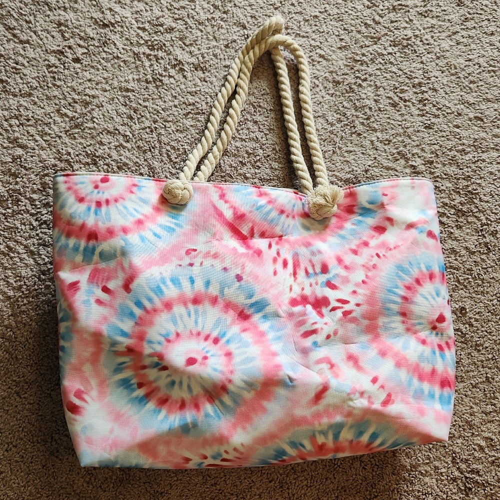 Pink Blue Tie Dye Zip Top Beach Tote Bag 22"